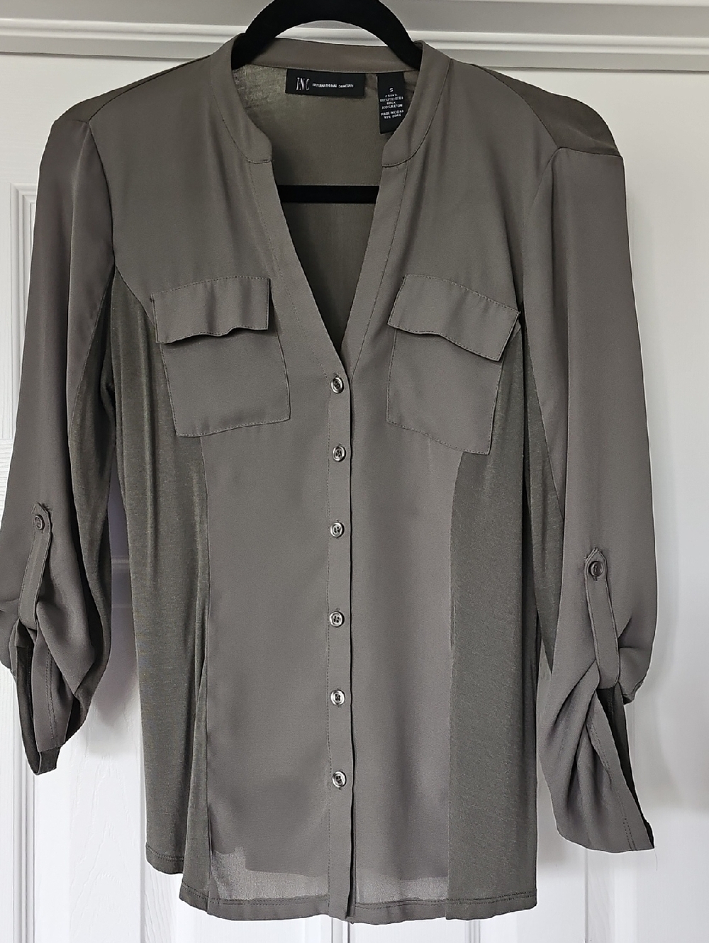 INC International Concepts Olive-Taupe Button-Front Utility Blouse